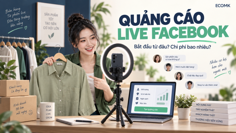 Minh họa chủ shop giới thiệu quần áo trên livestream và công cụ quảng cáo.