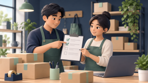 Minh họa hai nhân viên cửa hàng cùng kiểm tra danh sách công việc khi bàn giao ca.