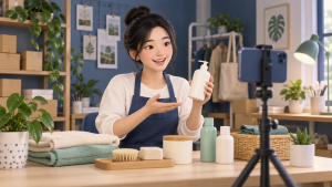 Minh họa người bán tập giới thiệu sản phẩm trước điện thoại đặt trên giá đỡ.