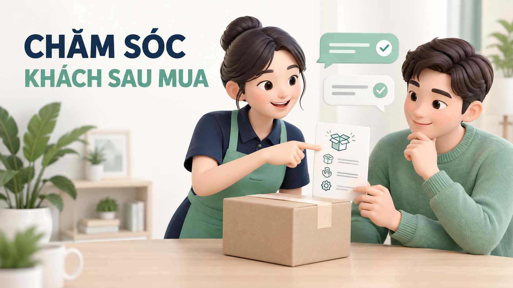 Minh họa nhân viên cửa hàng hướng dẫn khách sử dụng sản phẩm sau khi nhận hàng.