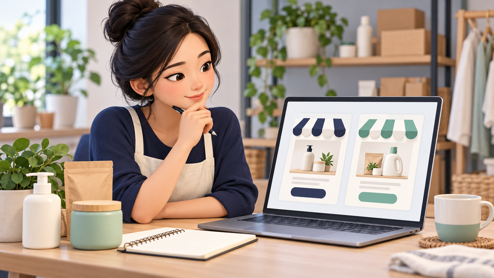 Minh họa người bán cân nhắc các kênh bán hàng trên máy tính trước khi bắt đầu.