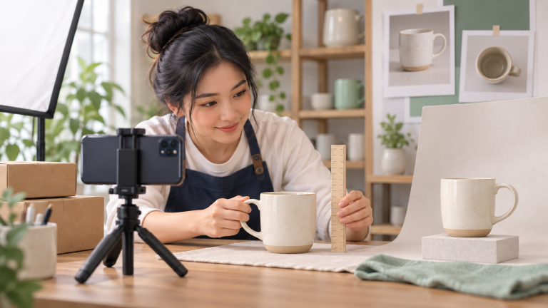Minh họa người bán dùng điện thoại chụp các góc của một chiếc cốc trên nền đơn giản.
