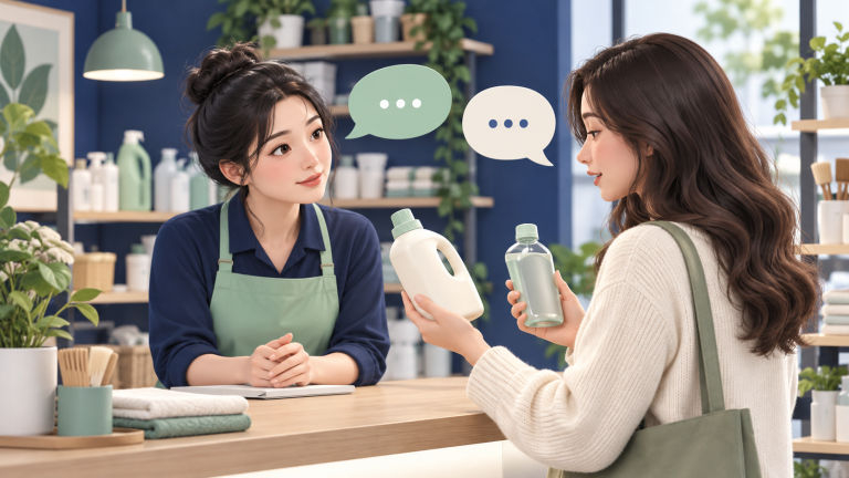 Minh họa người bán lắng nghe khách so sánh hai sản phẩm tại quầy.