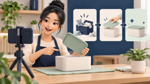 Minh họa người bán chuẩn bị các cảnh quay để giới thiệu hộp đựng đồ bằng điện thoại.