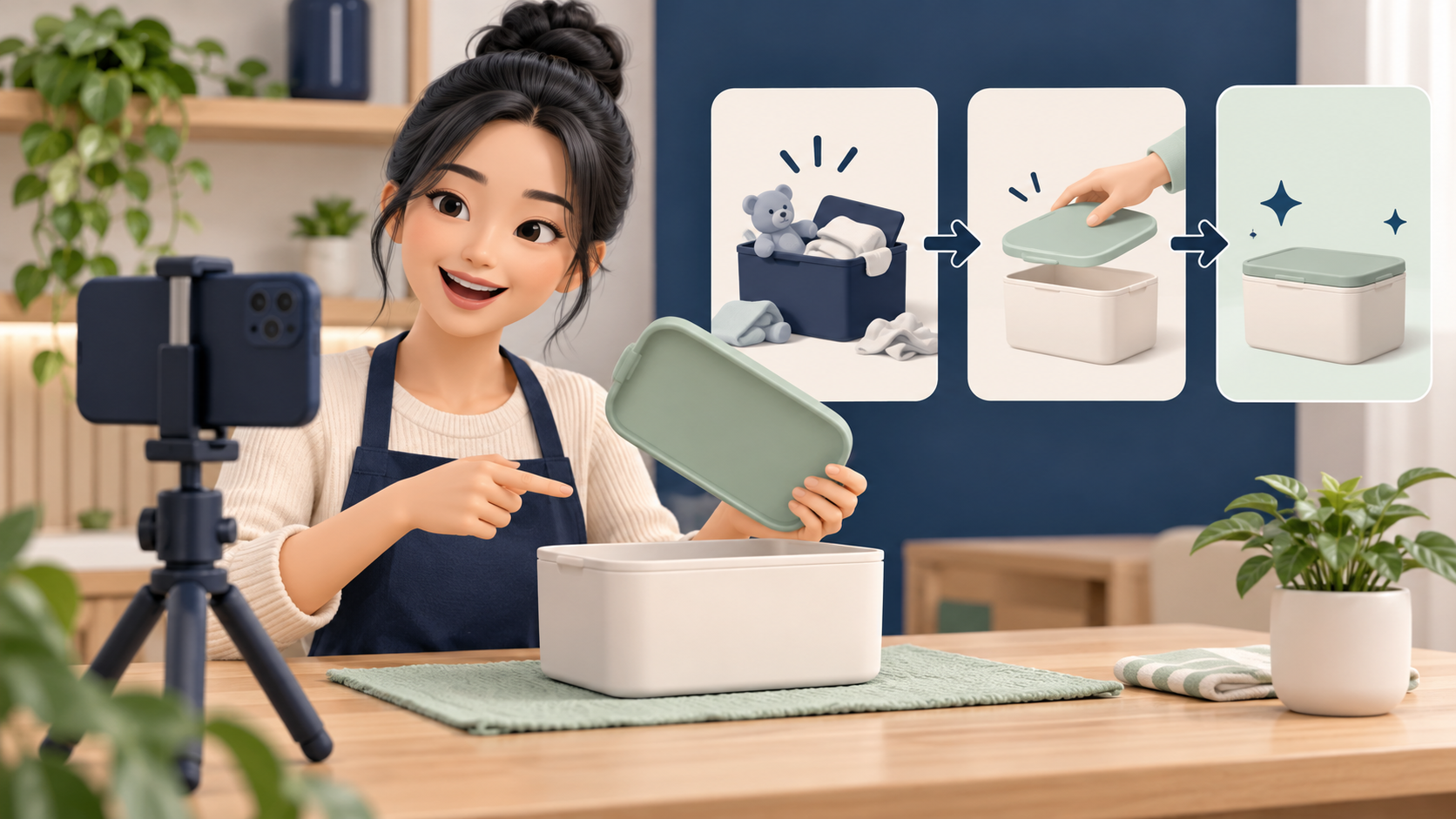 Minh họa người bán chuẩn bị các cảnh quay để giới thiệu hộp đựng đồ bằng điện thoại.