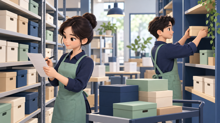 Minh họa nhân viên kiểm đếm sản phẩm và tách khu vực hàng đã giữ cho đơn.