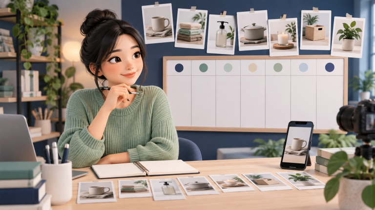 Minh họa người bán sắp xếp ý tưởng nội dung vào lịch tuần trên bàn làm việc.