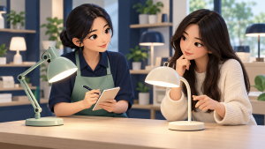 Minh họa người bán trao đổi nhu cầu với khách khi lựa chọn giữa hai chiếc đèn bàn.