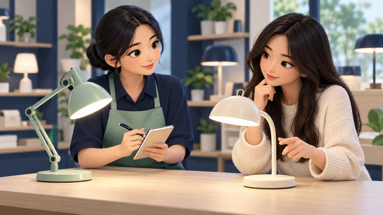 Minh họa người bán trao đổi nhu cầu với khách khi lựa chọn giữa hai chiếc đèn bàn.