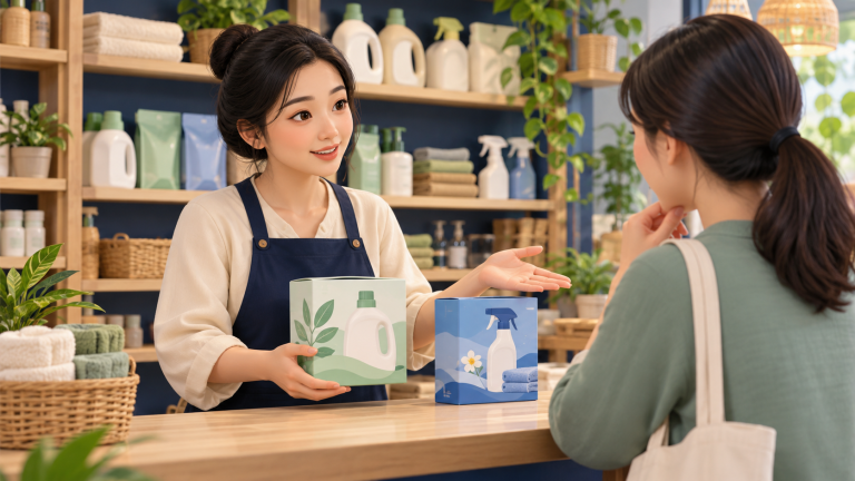 Minh họa người bán giải thích tình trạng hết hàng và giới thiệu lựa chọn khác để khách cân nhắc.