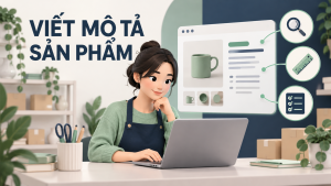 Minh họa người bán viết nội dung sản phẩm với hình ảnh, kích thước và bảng thông tin.